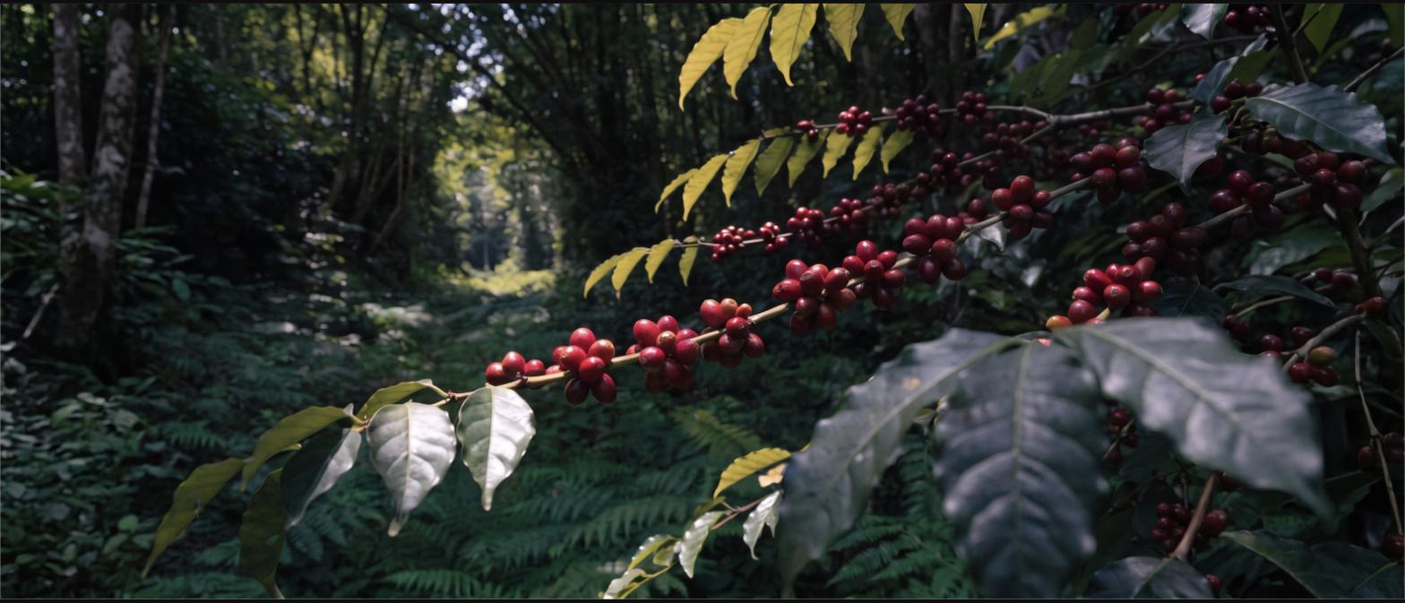 Ripe red coffee cherries on a branch under a shaded forest canopy