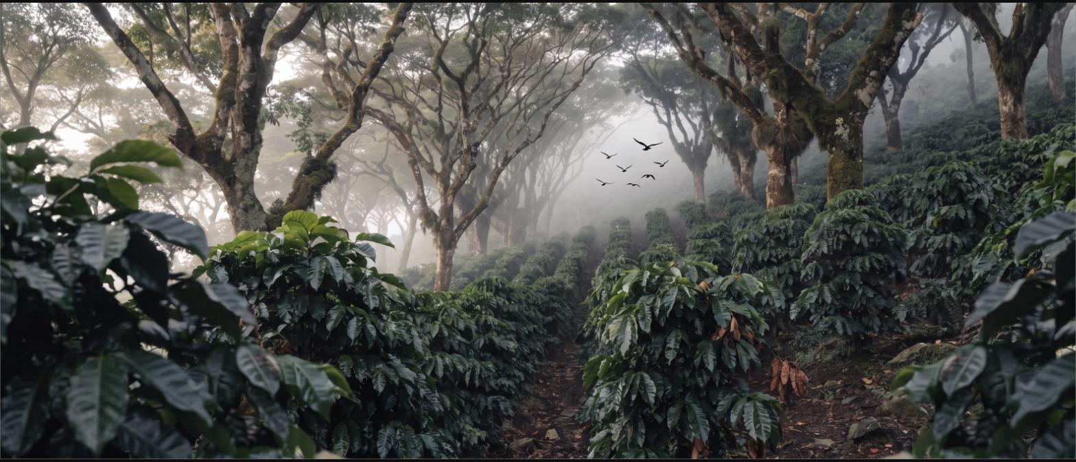 Rows of coffee shrubs growing under tall native shade trees in mountain mist